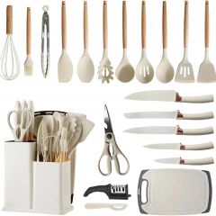 Utensilios de Cocina de Silicona：21 Piezas Juego de Utensilios de Cocina y Cuchillos de Cocina Antiadherentes con Mango Resistente al Calor cream-coloured