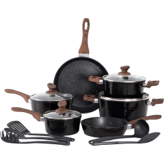 DishDelight Induction Pot Set 15-Piece Cookware Set with Granite Coating and Glass Lids, Suitable for Induction Cookers, Non-Stick Aluminium Pots and Pans in Black