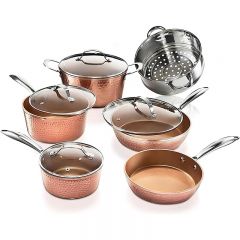 Hammered Copper 10 Pc Pots and Pans Set Non Stick Cookware Set, Non Toxic Ceramic Cookware Set, Kitchen Cookware Sets with Induction Cookware, Pot and Pan Set, Oven/Dishwasher Safe