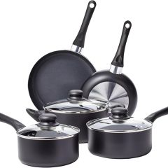 Basics Juego de utensilios de cocina antiadherentes, 8 Unidads (5 ollas + 3 tapas), Negro