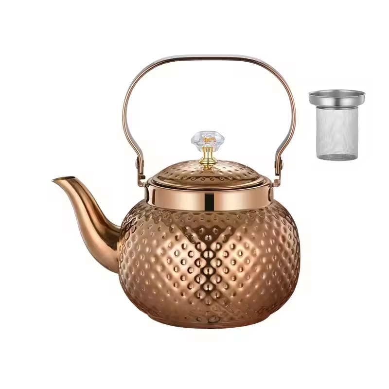 Rose Gold Hammered Stainless Steel Flower Teapot with Strainer 36pcs a case