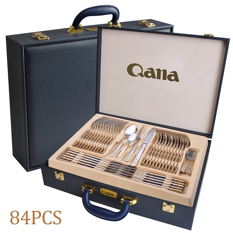 84 Pieces Stainless Steel Flatware Set with Leather, Cutlery Set Gold and Mirror Polished