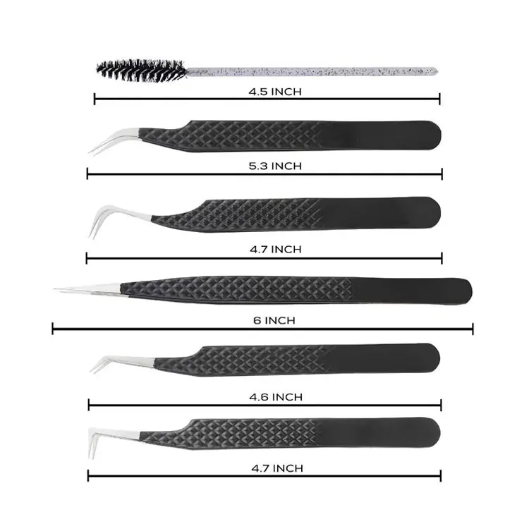 Stainless Steel 6-piece Eyelash Extension Tweezers S-shaped 90-degree Straight 45-degree Curved Serrated Tip Spoolie Brush