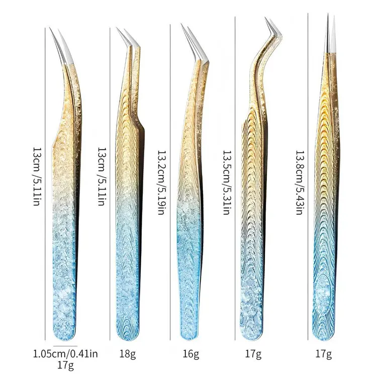 Gradient Nano Snowflake Grain Eyelash Extension Tweezer Set With Blue Gold Finish And Multiple Tip Angles For Lash Styling