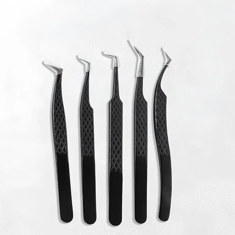 Black Stainless Steel Eyelash Extension Tweezer Set With Diamond Grip Handles And Curved Or Angled Tips For Lash Styling