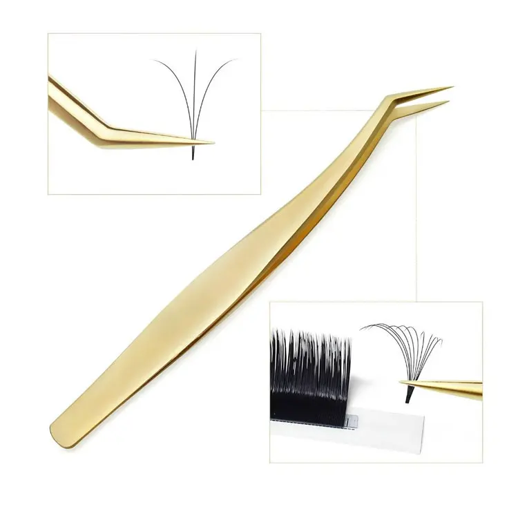 Trending Stainless Steel Gold Mega Volume Boot Angled Eyelash Extension Tweezers Smooth Perfect Grip For Lash Fan Creation