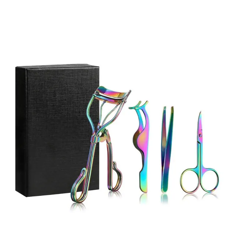 Stainless Steel Manual Rainbow Eyelash Curler &amp; Grooming Kit With Tweezers Applicator Curved Scissors And Instructions