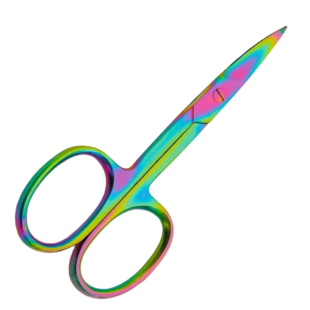 Top Rated Stainless Steel Curved Grooming Scissors With Rainbow Titanium Coating For Eyebrow Facial Hair And Nail Trimming