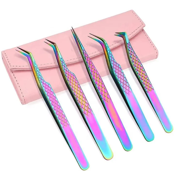Premium 5 Piece Stainless Steel Rainbow Titanium Coated Eyelash Extension Tweezers Set With Pink Storage Case For Lash Artists