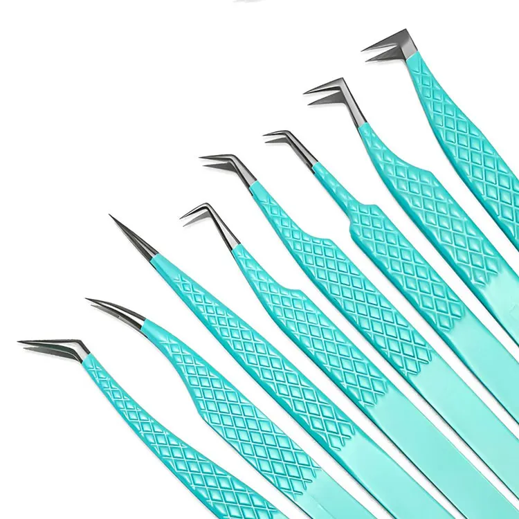 Top Rated Stainless Steel Blue Green Eyelash Extension Tweezers With Diamond Grip Handles And High Density Fiber Tips