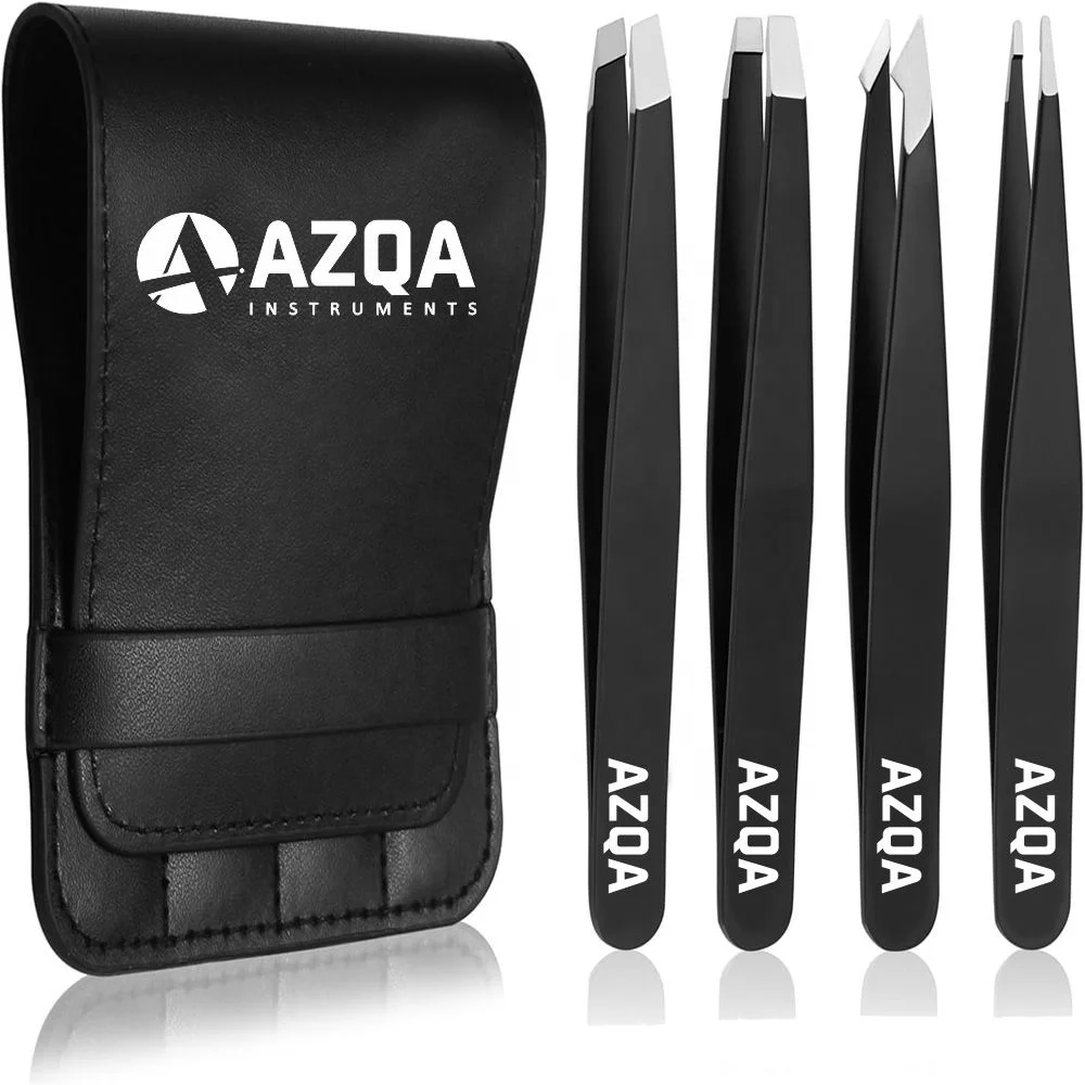 High Quality 4 Piece Stainless Steel Eyebrow Tweezers Set With Black Leather Case For Brow Shaping Hair Plucking And Beauty Care
