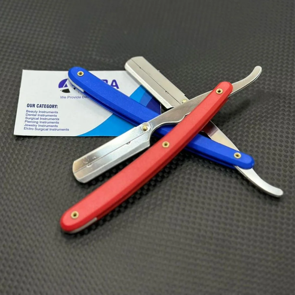 Wholesale Stainless Steel Barber Straight Razors With Red And Blue Plastic Handles For Manual Shaving And Barber Grooming