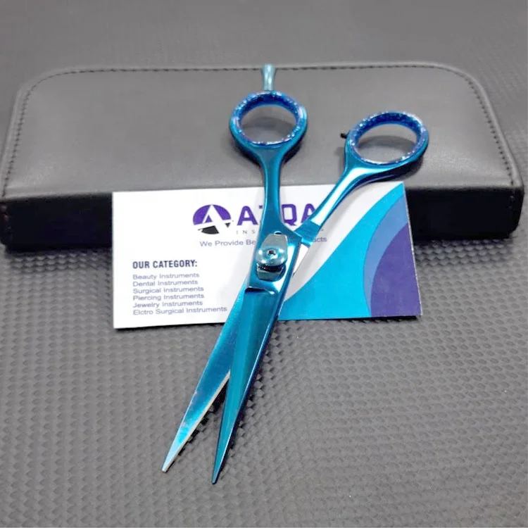 Professional Quality Stainless Steel Blue Titanium Coated Hair Cutting Scissors For Barber Salon Hairdressing And Styling