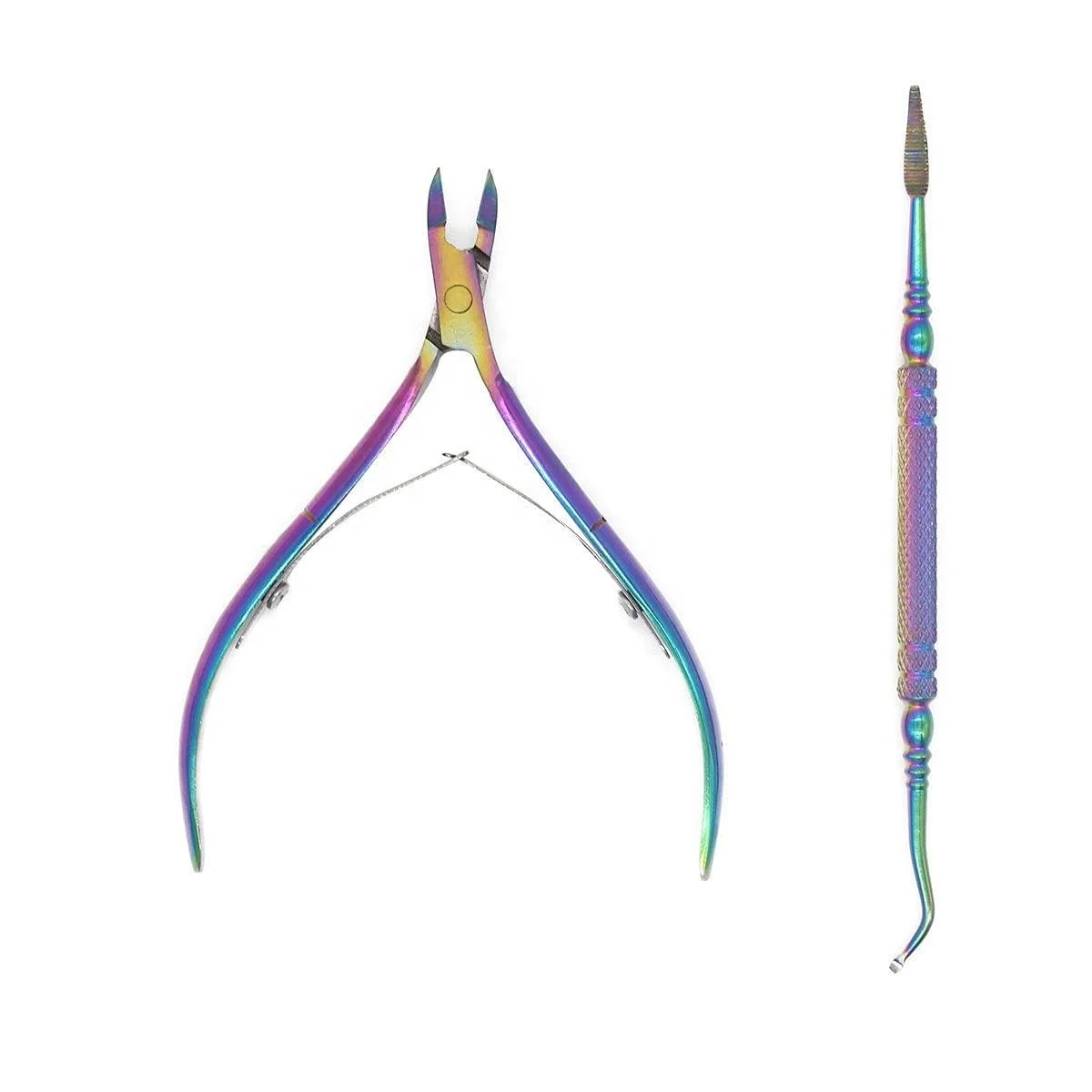 Wholesale High Quality Stainless Steel Rainbow Finish Cuticle Nipper And Double Ended Nail File And Nail Cleaner Set