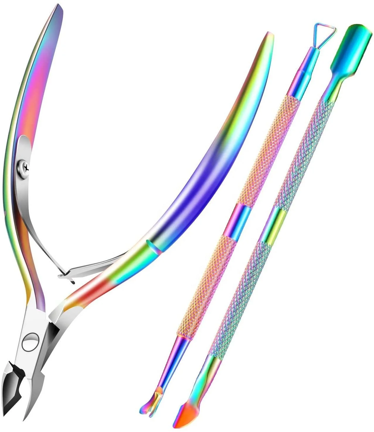 Wholesale High Quality Stainless Steel Rainbow Titanium Cuticle Nipper And Double Ended Nail Pusher Tool Set For Manicure