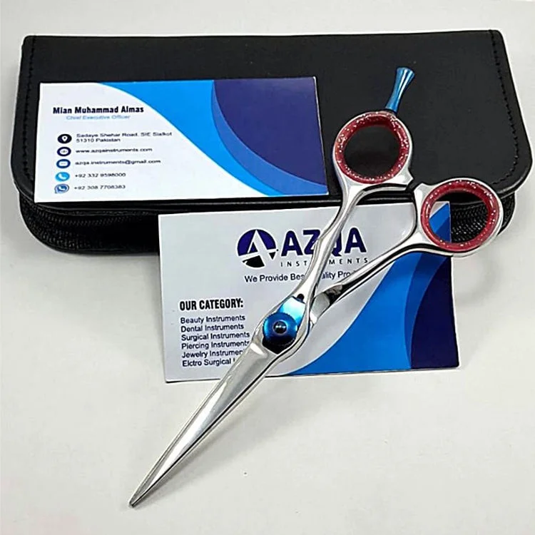 Wholesale High Quality Stainless Steel Hair Cutting Scissors With Blue Adjustable Screw Finger Rest And Red Silicone Rings