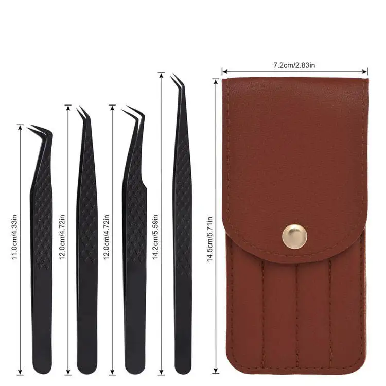 Wholesale Professional Stainless Steel 4 Pcs Eyelash Extension Tweezers Kit With Volume Isolation 45 And 90 Degree Tips