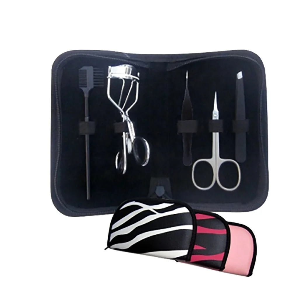 5 Pieces Professional Beauty Care Makeup Tool Set With Eyelash Curler Tweezers And Scissors In Stylish Travel Case