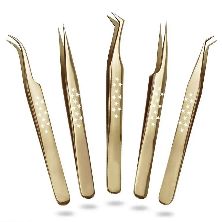 Gold Plated Stainless Steel 5-piece Eyelash Extension Tweezers Set Straight Curved L-shape Angled Tips Durable Perfect Grip For