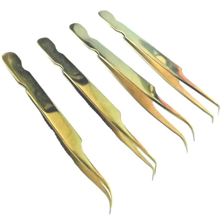 Professional Gold Plated 4 Pcs Eyelash Extension Tweezers With Curved Angled Tips For Lash Application And Styling