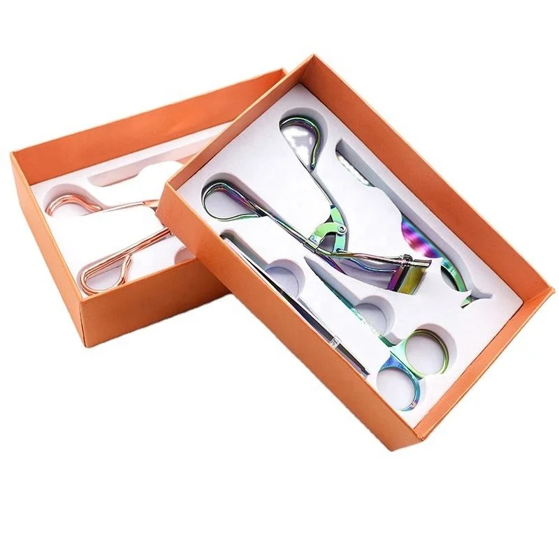 Wholesale Stainless Steel Multi Color Coated Eyelash Curler Tweezer Eyebrow Scissor Set With Box Packing Beauty Tools