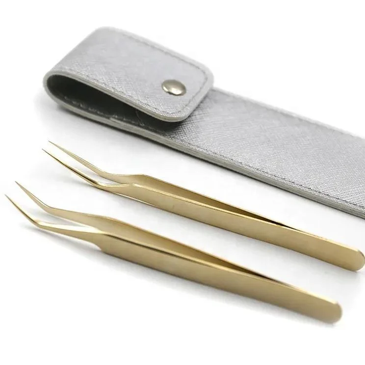 Wholesale 2 Piece Stainless Steel Eyelash Extension Tweezers Gold Plated Set Pu Leather Pouch Professional Lash Tool Perfect