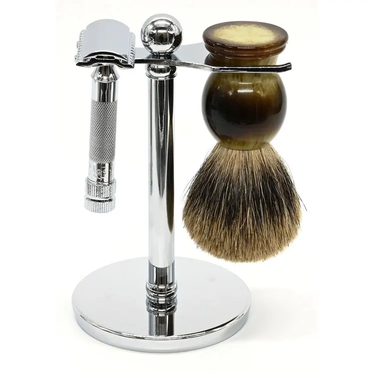 Wholesale Manual 3-in-1 Shaving Kit Safety Razor Shaving Brush Stand For Men's Wet Shaving Wood Stainless Steel Home Barber Use