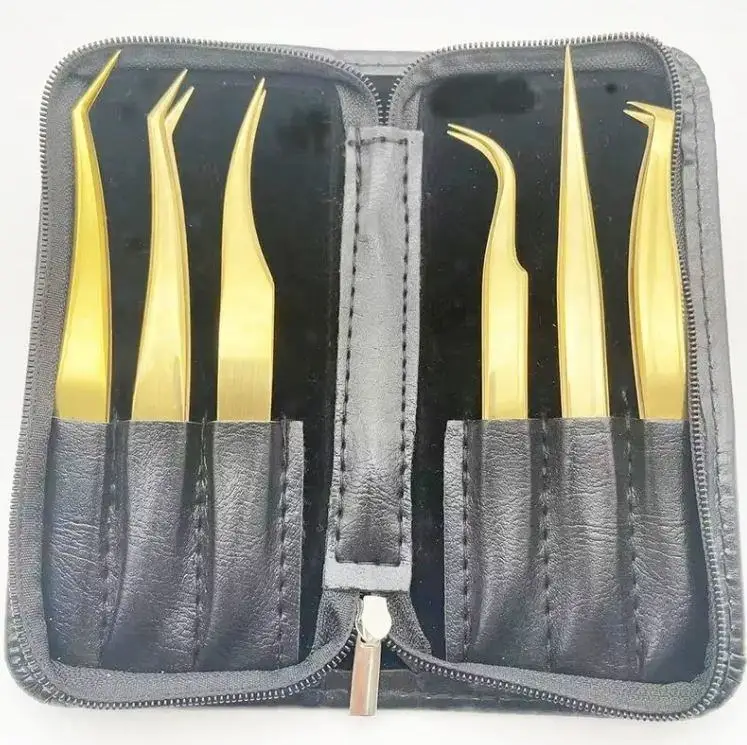 Wholesale Custom Logo Gold Titanium Coated Eyelash Extension Tweezers With Leather Case Bulk Private Label Lash Tools