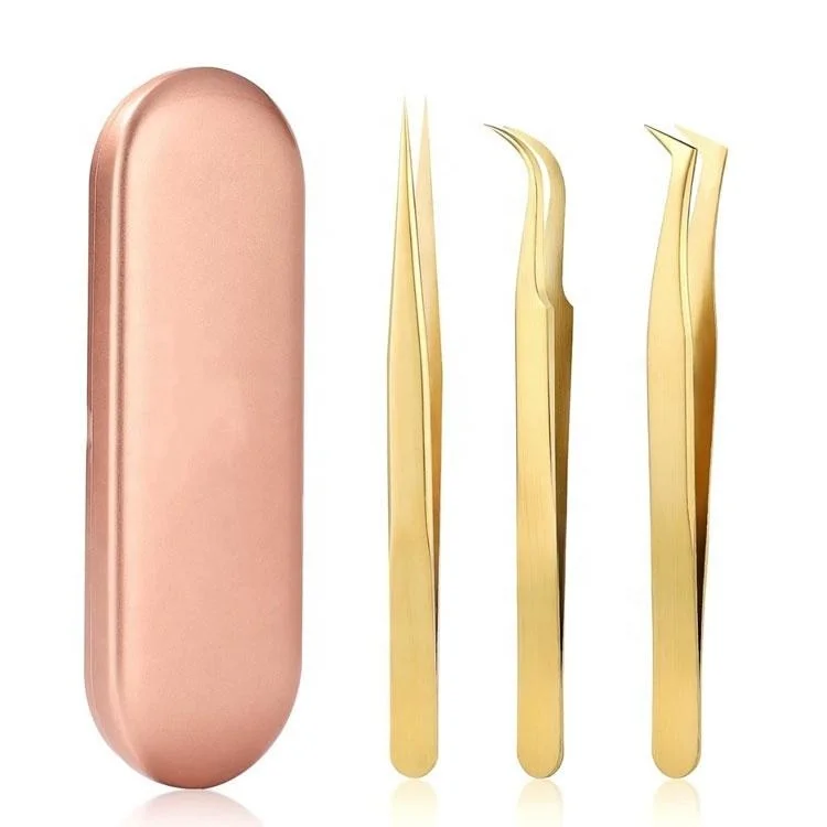 Wholesale Stainless Steel Gold Plated Eyelash Extension Tweezers Set With Straight Curved And L Shaped Volume Tips