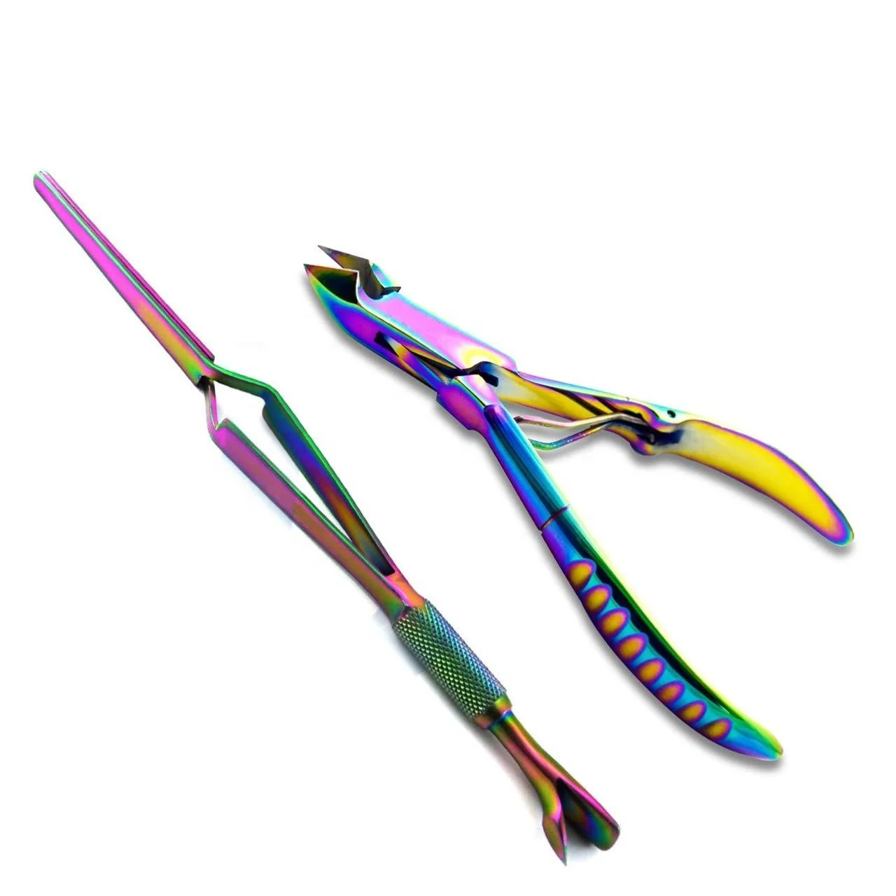 Wholesale Professional Rainbow Titanium Coated Cuticle Nipper Pusher Nail Pinching Tool Set Manicure Pedicure