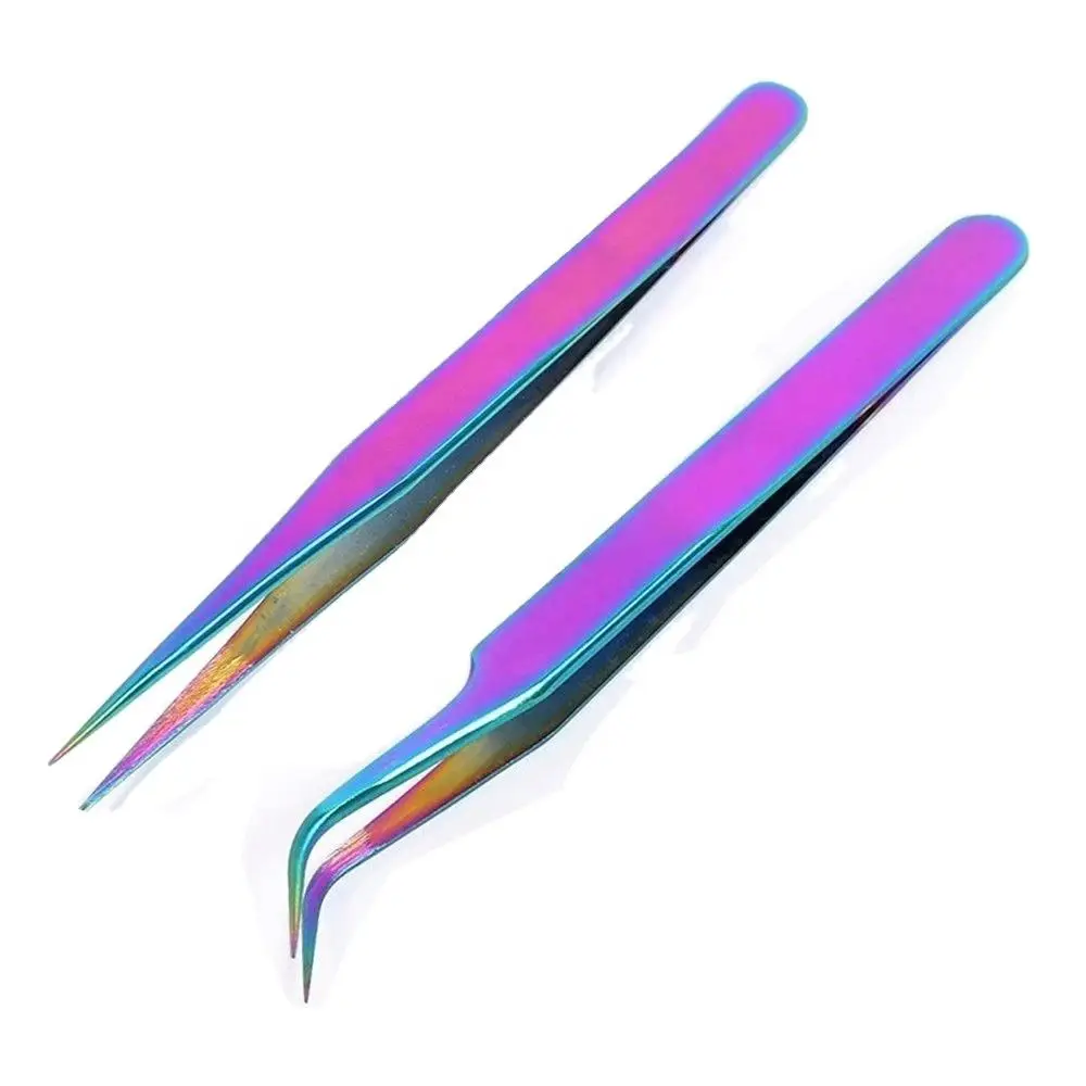 Wholesale Stainless Steel Rainbow Eyelash Extension Tweezers Set Straight Strong Curved Lash Tools For Professional Use