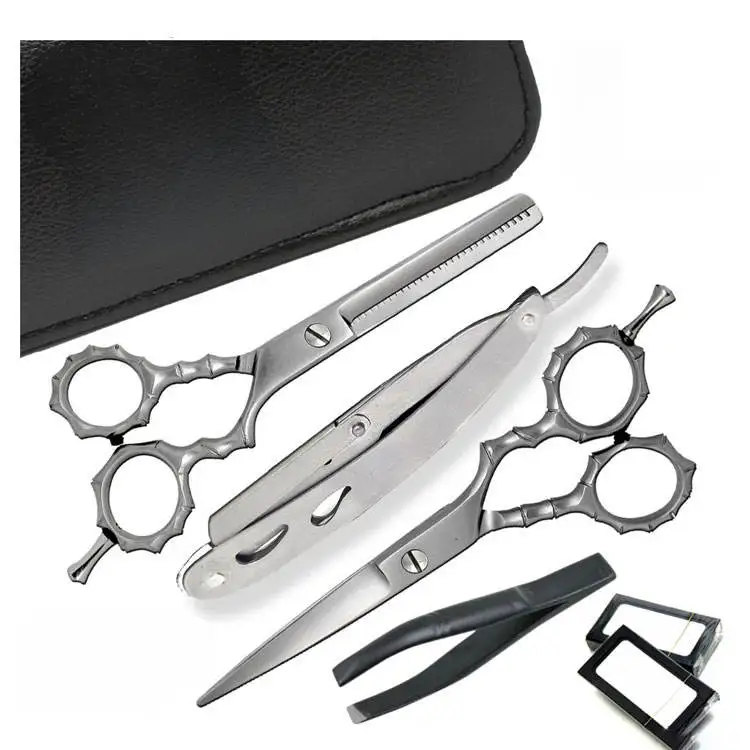 Wholesale Premium Stainless Steel Hair Cutting Thinning Scissors Set With Straight Folding Razor And Eyebrow Tweezer