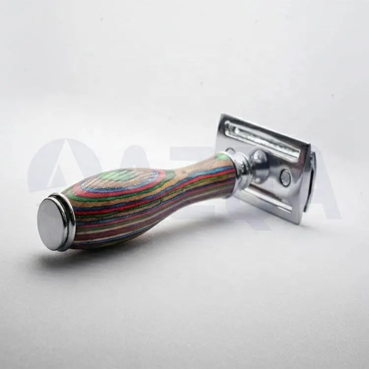 Stainless Steel Safety Razor With Multicolor Wooden Handle Double Edge Blade Design For Professional Wet Shaving