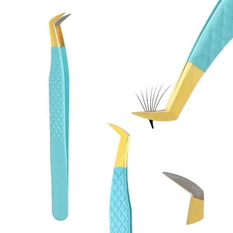 Wholesale Stainless Steel Fiber Tip Eyelash Extension Tweezers Gold Turquoise Color Professional Lash Application Tool