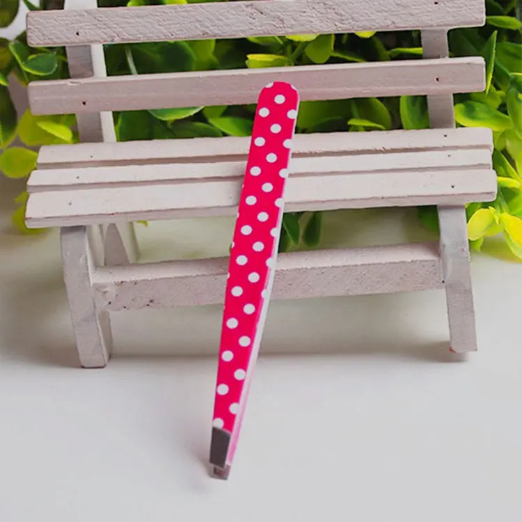 Pink Polka Dot Stainless Steel Slant Tip Eyebrow Tweezers With Angled Head For Brow Shaping Hair Plucking And Grooming
