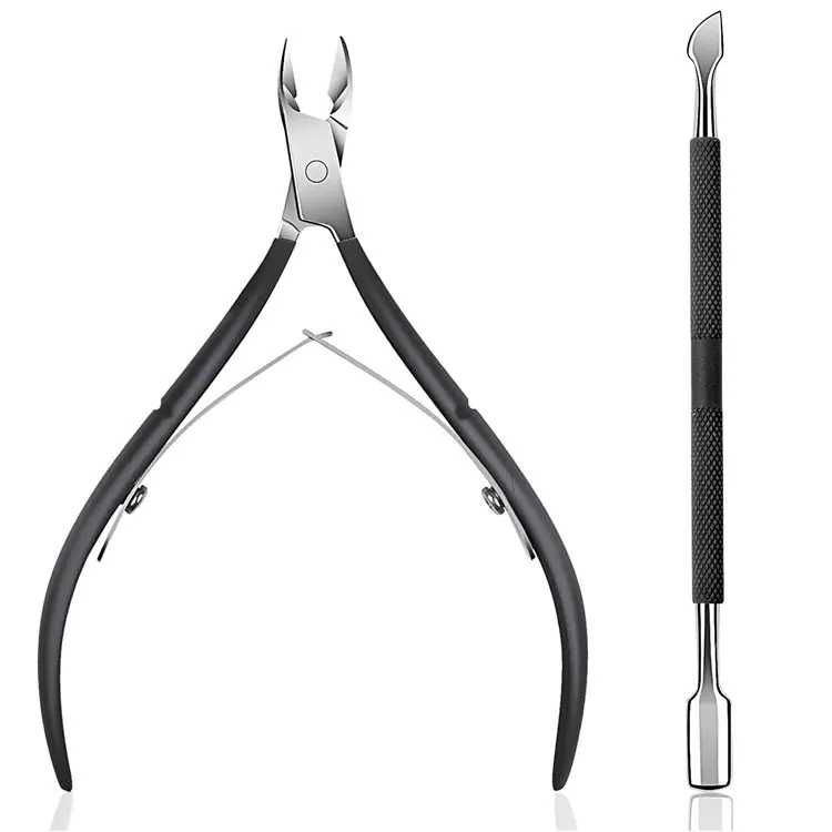 Stainless Steel Black Handle Cuticle Nipper And Double End Cuticle Pusher Set For Professional Manicure And Pedicure Care