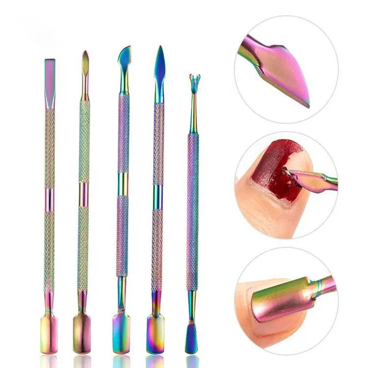 Stainless Steel Rainbow Titanium Coated Double End Cuticle Pusher With Curved Spoon And Angled Tips For Nail Care