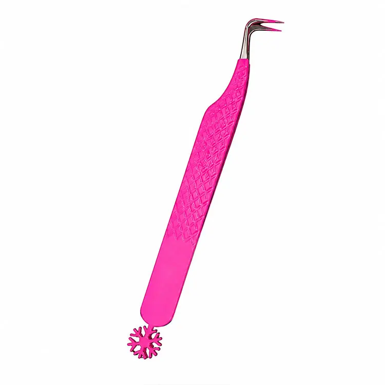 Stainless Steel Pink Curved Lash Tweezers With Hooked Tip Textured Handle And Decorative End For Eyelash Extension Application
