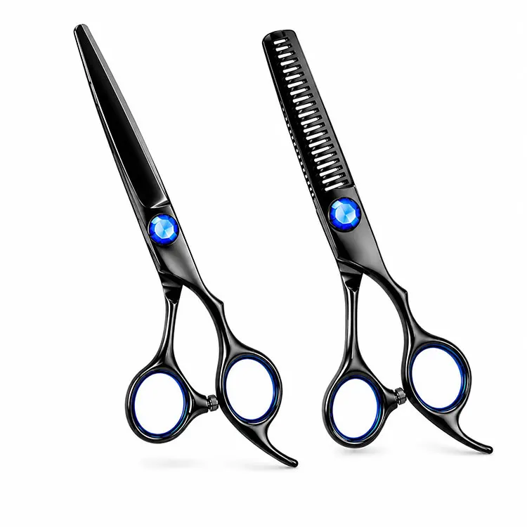 Stainless Steel Black Right-handed Hairdressing Scissors Set Cutting Thinning Shears Medium Handle Blue Decorative Screw Finger