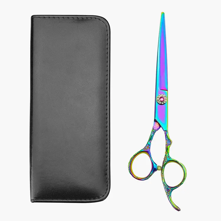 Stainless Steel 7 Inch Rainbow Titanium Coated Hair Cutting Shears With Gem Set Tension Screw And Offset Finger Rings