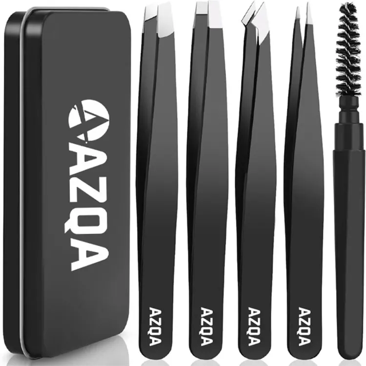 Stainless Steel Professional 4-piece Black Coated Eyebrow Tweezer Set With Slanted Tips Customized Design Spoolie Brush