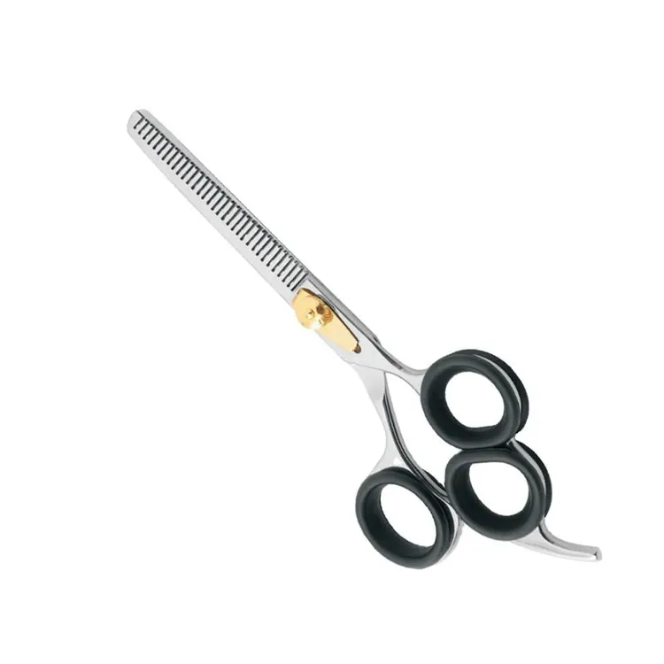 Stainless Steel Hair Thinning Scissors With Black Silicone Finger Rings Gold Tension Screw And Texturizing Teeth