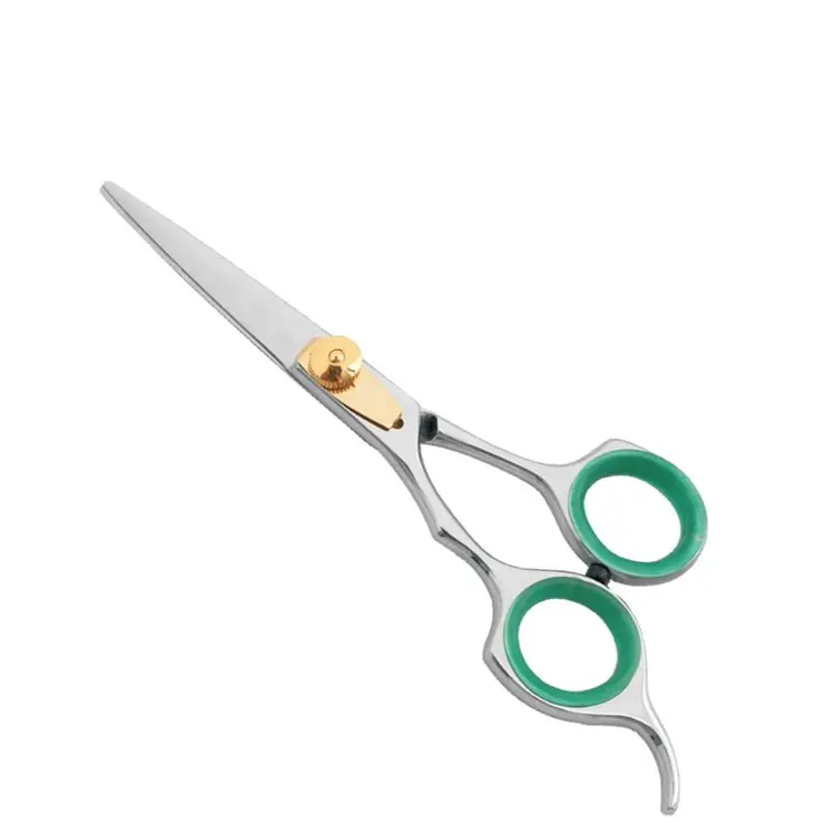 Stainless Steel Professional Hair Cutting Scissors With Green Silicone Finger Rings Gold Tension Screw And Ergonomic Handle
