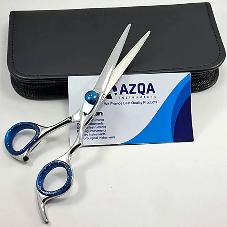 Stainless Steel Hair Cutting Scissors With Blue Silicone Finger Ring And Adjustable Screw For Professional Barber Salon Use