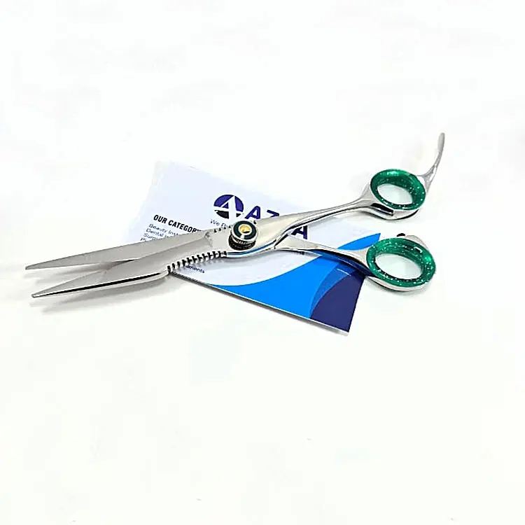 Stainless Steel Professional Right-handed Hair Cutting Scissors Green Finger Rings Medium Handle Adjustable Screw For Barber