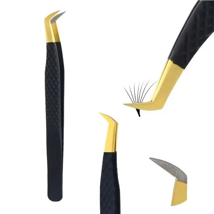 Stainless Steel Black And Gold Fiber Tip Lash Extension Tweezer With Textured Non Slip Body And Curved Volume Tip