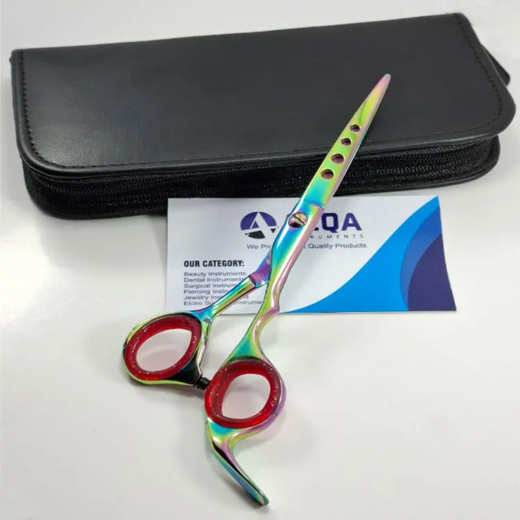 Stainless Steel Rainbow Titanium Coated Right-handed Medium Handle Hair Cutting Scissors Silicone Rings Finger Rest Professional
