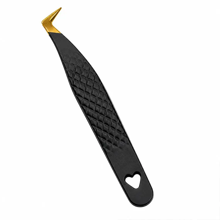 Stainless Steel Black Coated Eyelash Lifting Tweezers With Curved Gold Tip Textured Grip Handle And Heart Shaped Hanging Hole