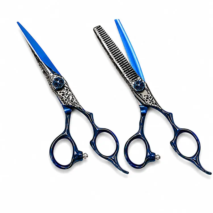 Stainless Steel Blue Hairdressing Scissors Set With Cutting And Thinning Shears Decorative Pattern And Adjustable Screw