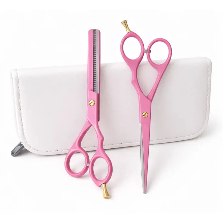 Stainless Steel 2 Pcs Pink Hair Cutting And Thinning Scissors Set With Gold Accents And Storage Pouch For Salon Hairdressing